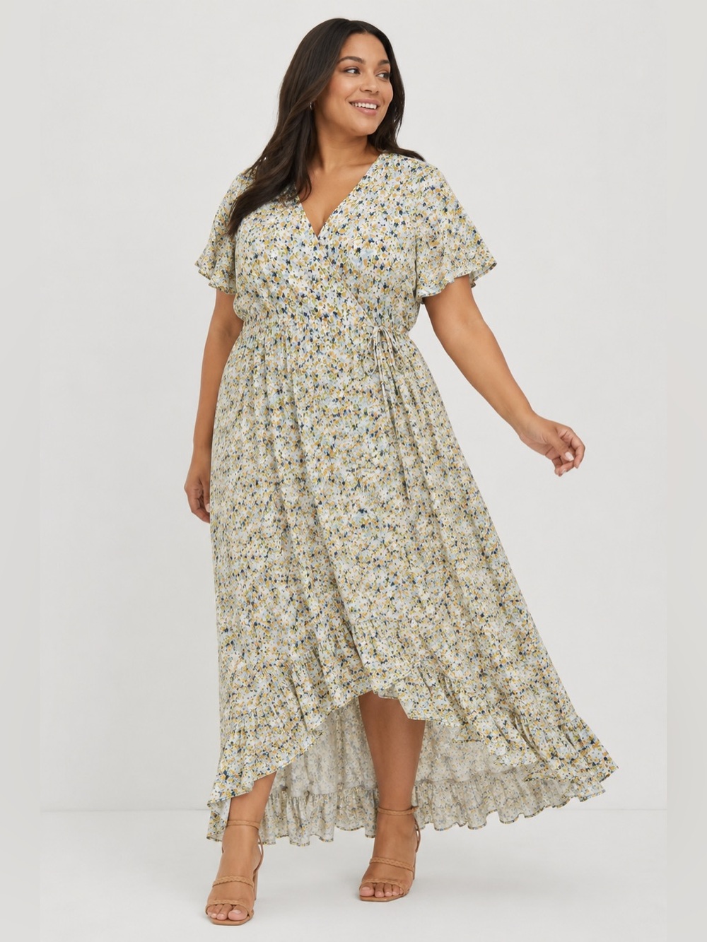 New Torrid 1X Maxi Wrap Dress Sunshine Ditsy Floral Hi Low Flutter Sleeve NWT